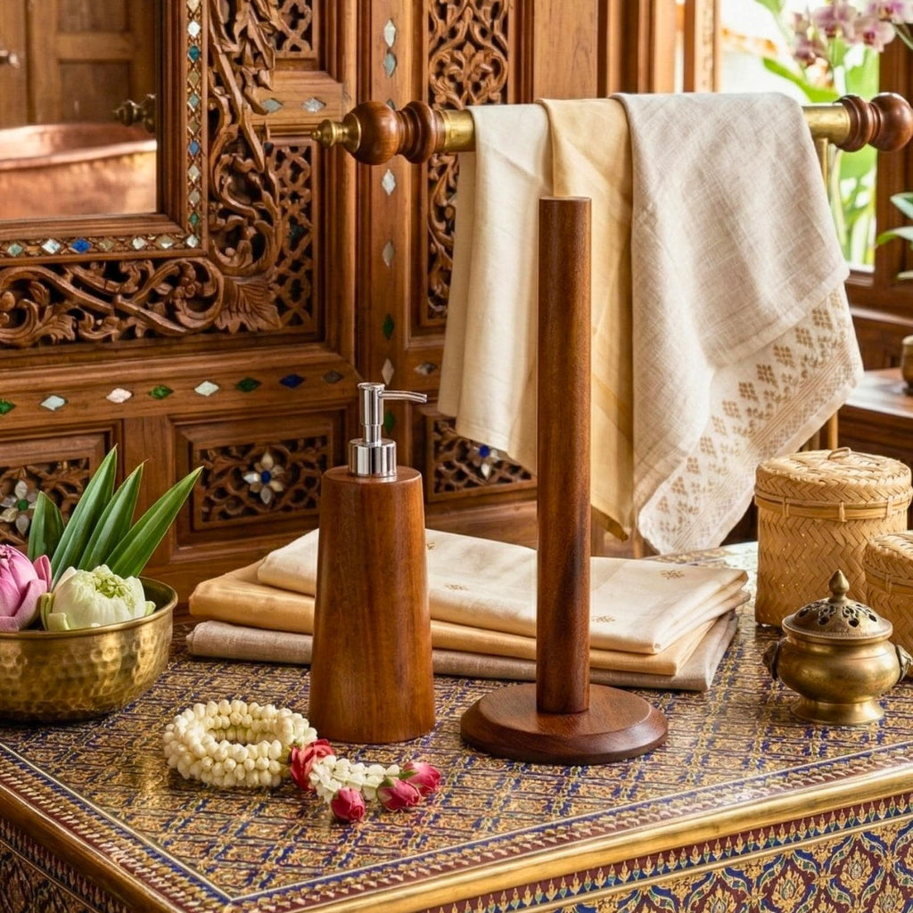 Paper Towel Holder and Soap Dispenser: Handmade Acacia Wood Kitchen & Bath Essentials Set