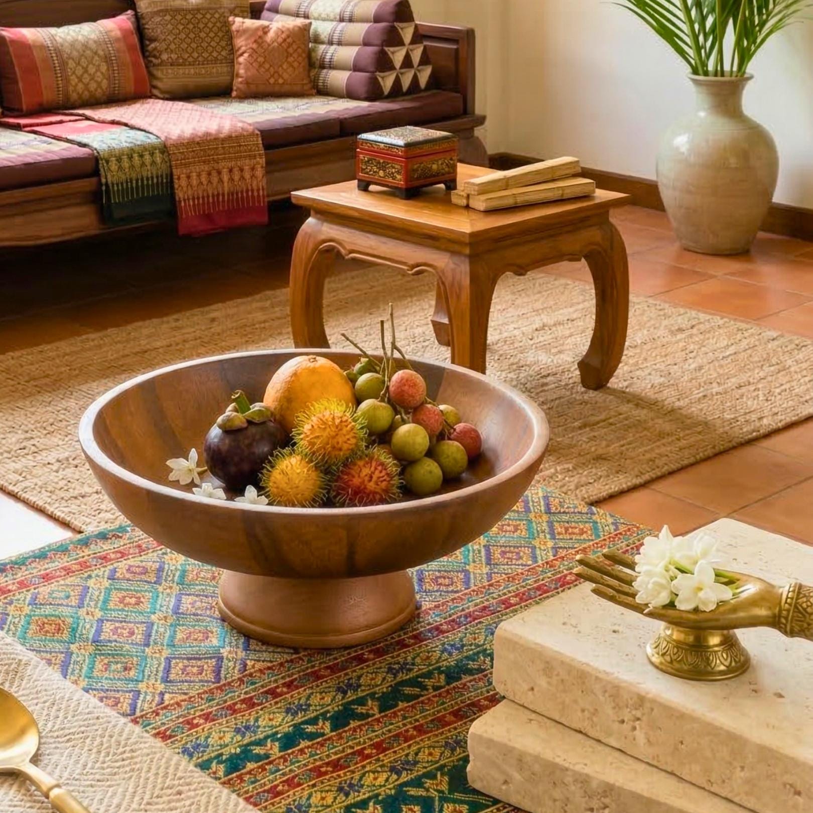 Pedestal Fruit Bowl Acacia Wood Natural 13 Inch Table Centerpiece