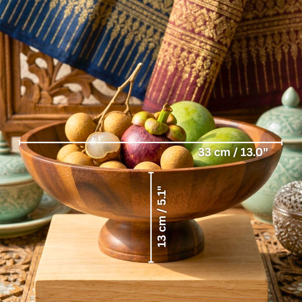 Pedestal Fruit Bowl Acacia Wood Natural 13 Inch Table Centerpiece