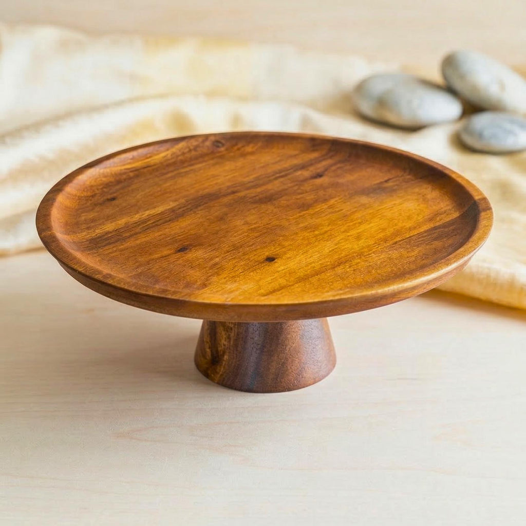 Pedestal Stand Acacia Wood Natural 11 Inch Serving Tray