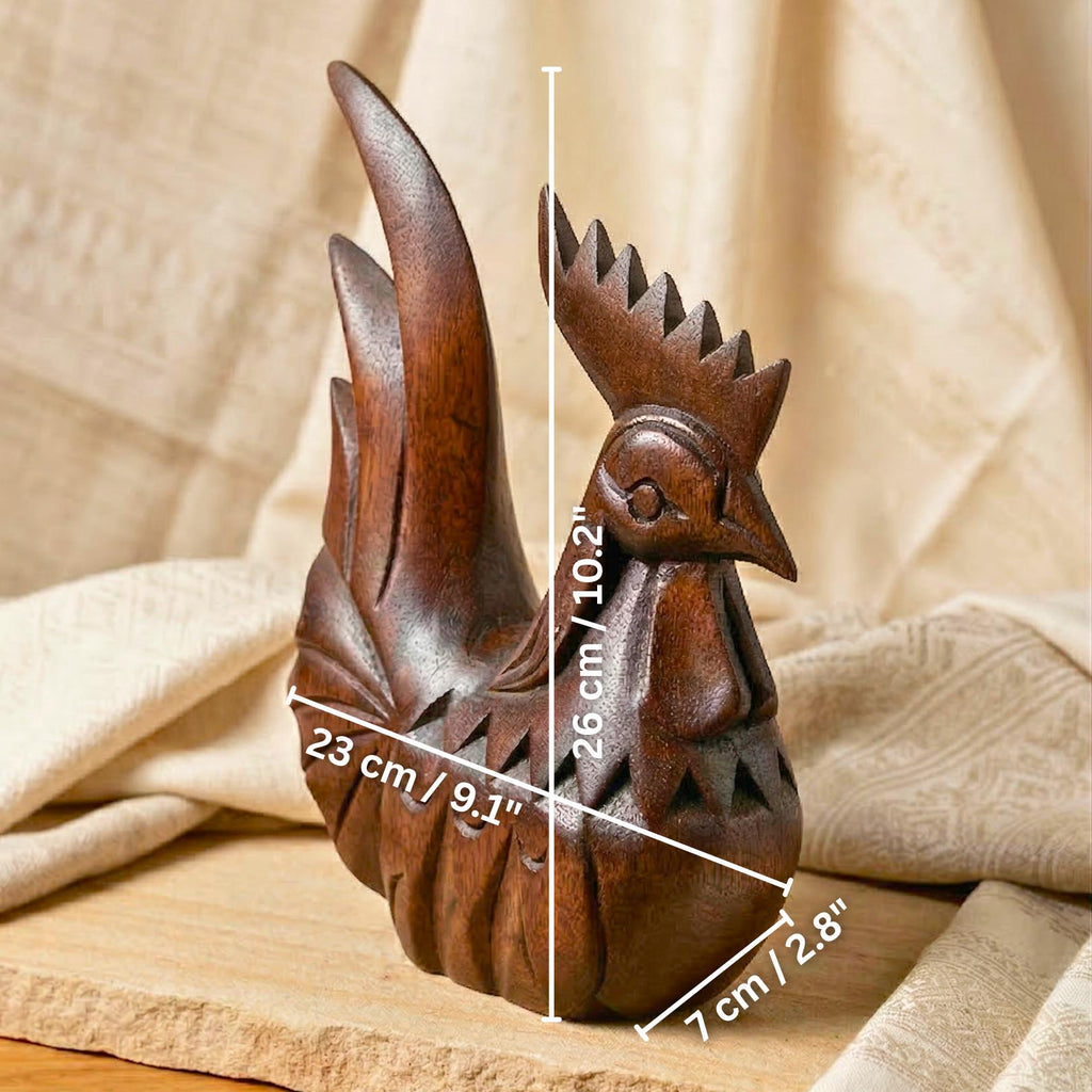 Rooster Chicken Sculpture Dark Teak Wood Hand Carved Espresso Finish