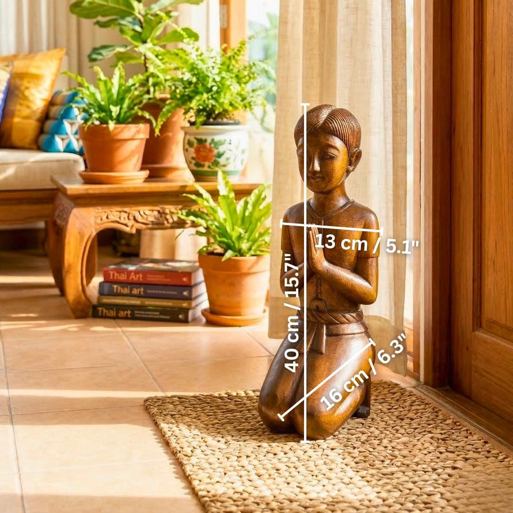 Acacia Wood Thai Gentleman, 16 Inch Mudra Greeting Sculpture, Cultural Gift for Art Collector
