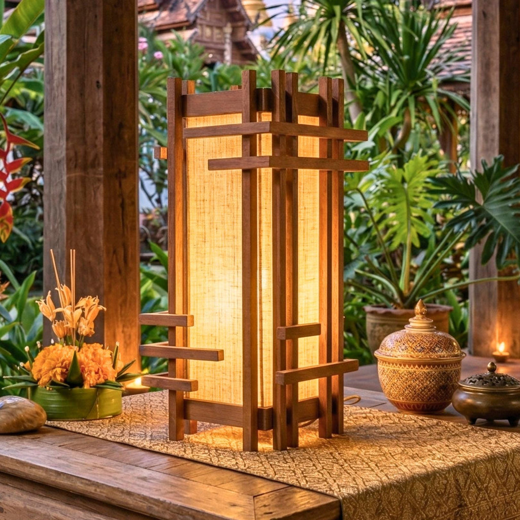 Table Lantern Teak Wood Natural 14 Inch Zen Lighting