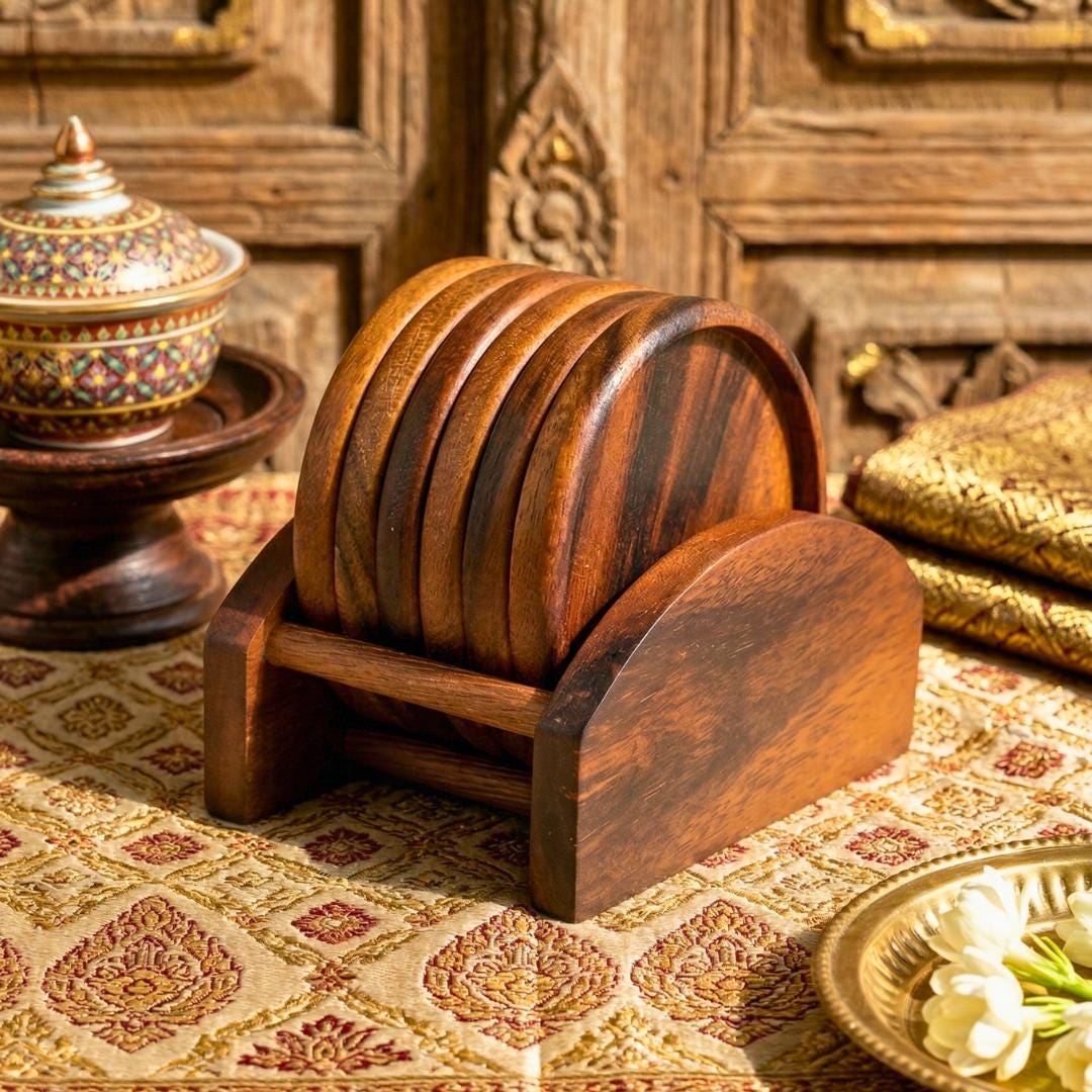 Coaster Set Natural Wood 4 Inch Beverage Holder