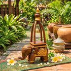Elephant Statue Rustic Sculpture Teak Wood 16 Inch With Zen Bell - Siam Wood Artisans