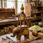 Elephant Statue Rustic Sculpture Teak Wood 16 Inch With Zen Bell - Siam Wood Artisans