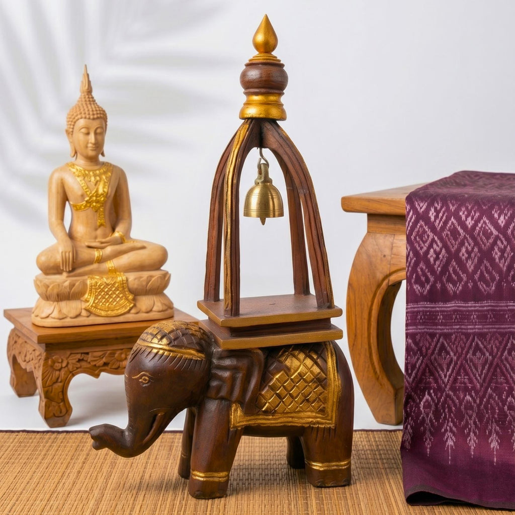 Elephant Statue Rustic Sculpture Teak Wood 16 Inch With Zen Bell