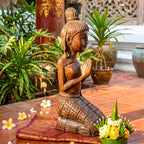 Acacia Wood Greeting Lady, 11 Inch Kneeling Wai Statue, Zen Gift for Yoga Lover - Siam Wood Artisans