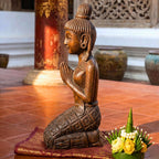 Acacia Wood Greeting Lady, 11 Inch Kneeling Wai Statue, Zen Gift for Yoga Lover - Siam Wood Artisans