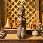Acacia Wood Greeting Lady, 11 Inch Kneeling Wai Statue, Zen Gift for Yoga Lover - Siam Wood Artisans