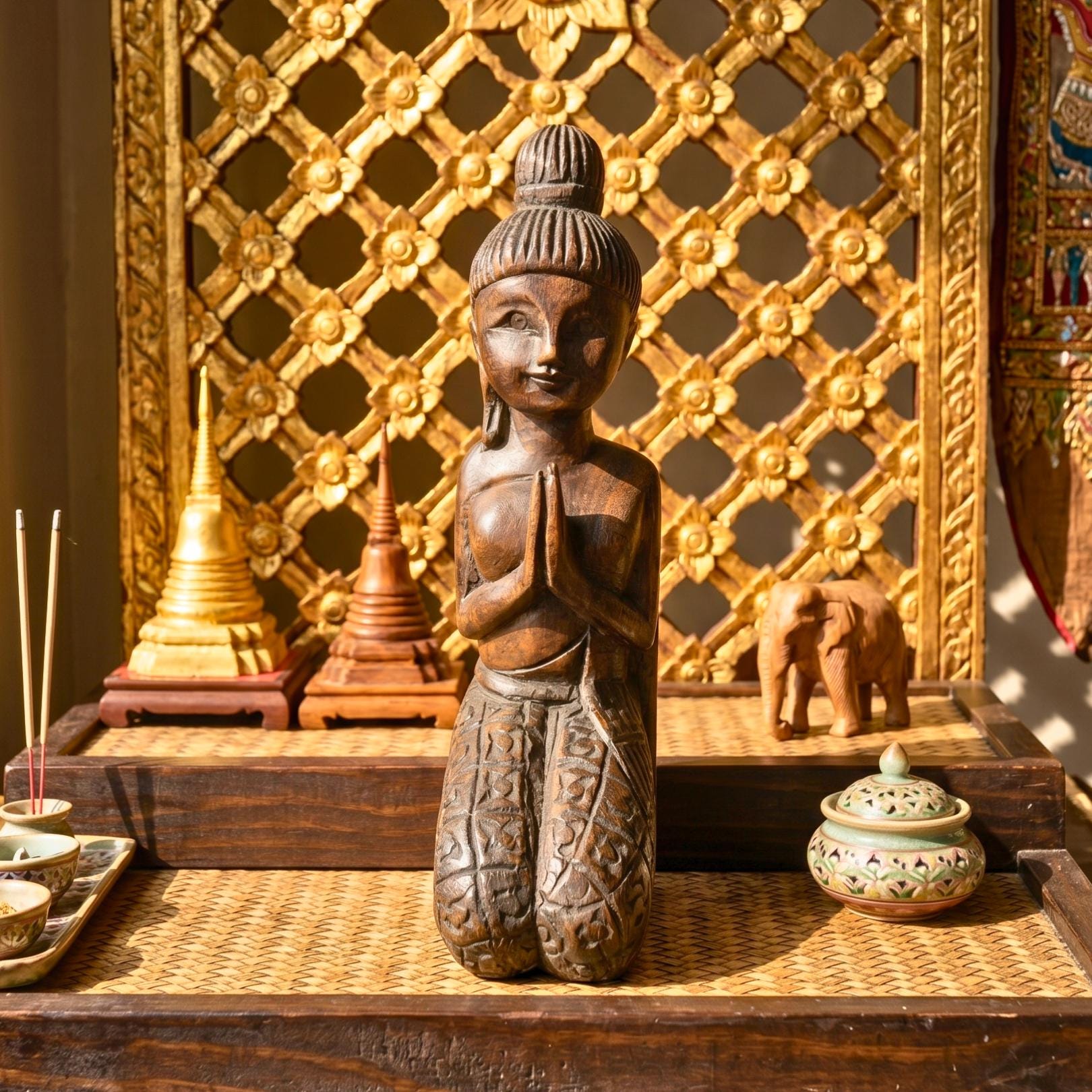 Acacia Wood Greeting Lady, 11 Inch Kneeling Wai Statue, Zen Gift for Yoga Lover