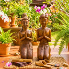 Acacia Wood Greeting Couple, 16 Inch Wai Statue Set, Housewarming Gift for Minimalist - Siam Wood Artisans
