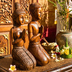 Acacia Wood Greeting Couple, 16 Inch Wai Statue Set, Housewarming Gift for Minimalist - Siam Wood Artisans
