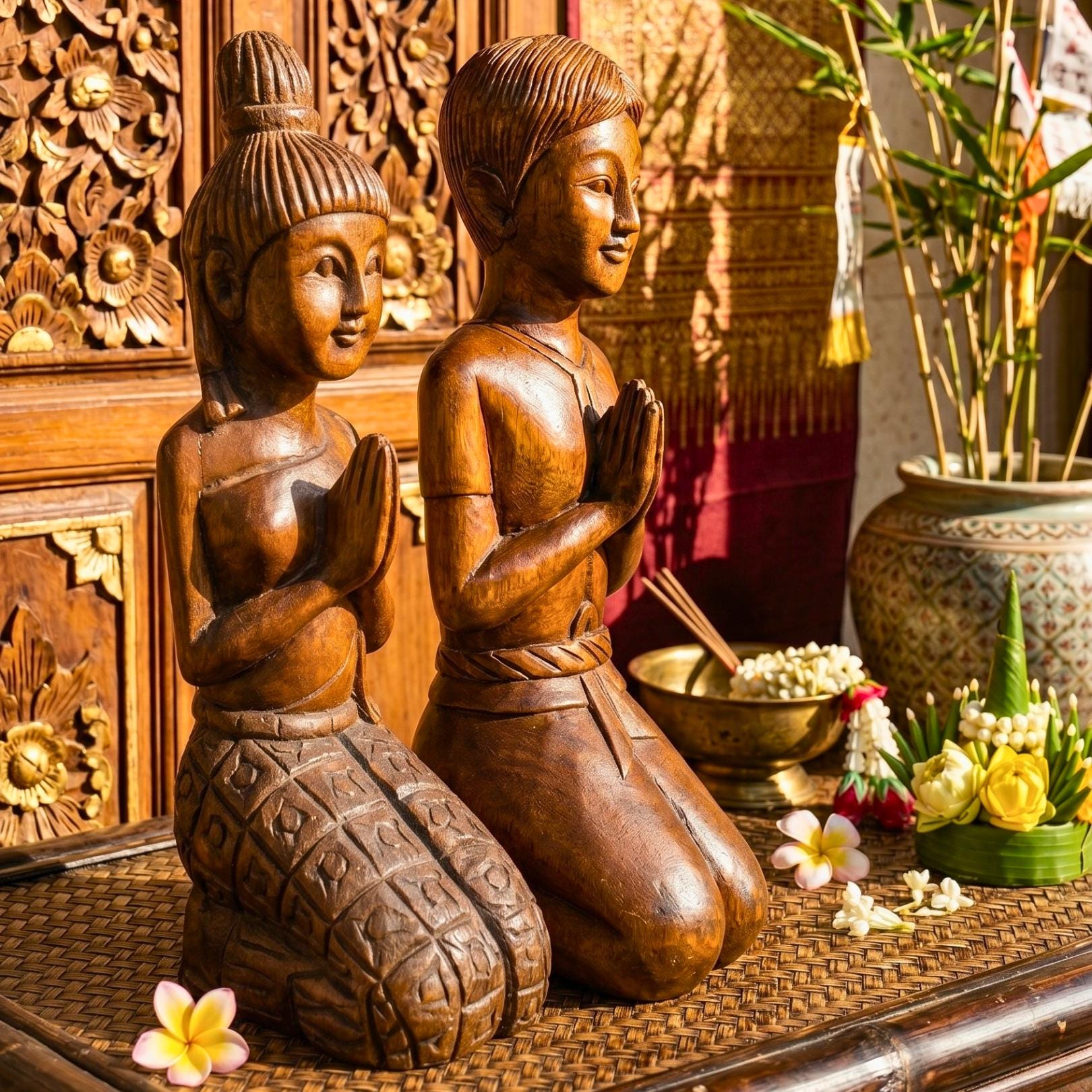 Acacia Wood Greeting Couple, 16 Inch Wai Statue Set, Housewarming Gift for Minimalist