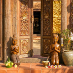 Acacia Wood Greeting Couple, 16 Inch Wai Statue Set, Housewarming Gift for Minimalist - Siam Wood Artisans