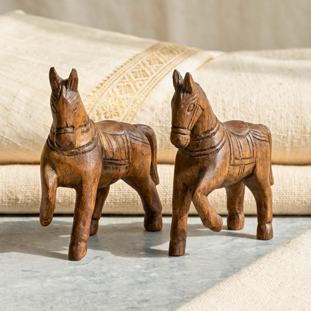 Teak Wood Horse, 4 Inch Miniature Sculpture Set, Housewarming Gift for Minimalist