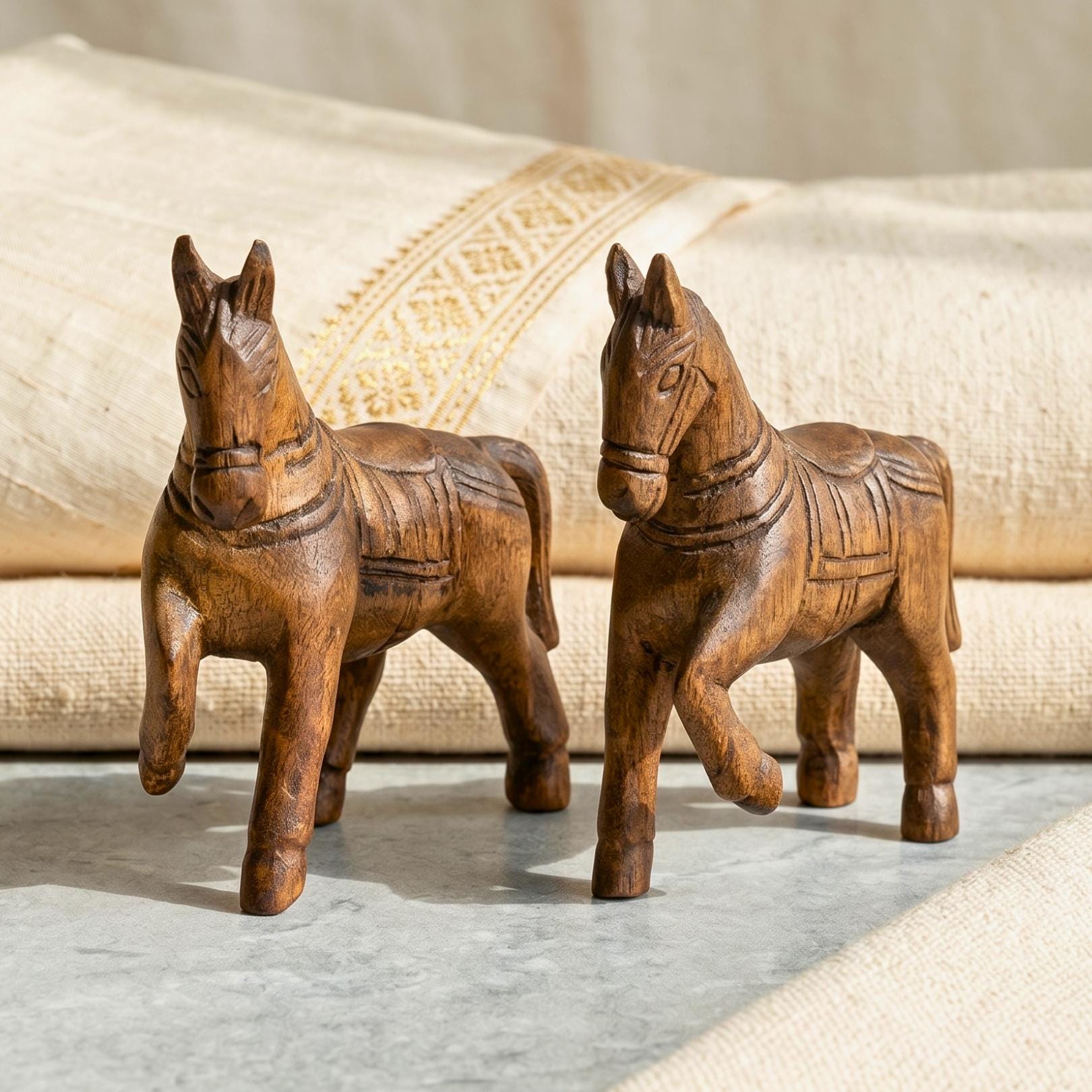 Teak Wood Horse, 4 Inch Miniature Sculpture Set, Housewarming Gift for Minimalist