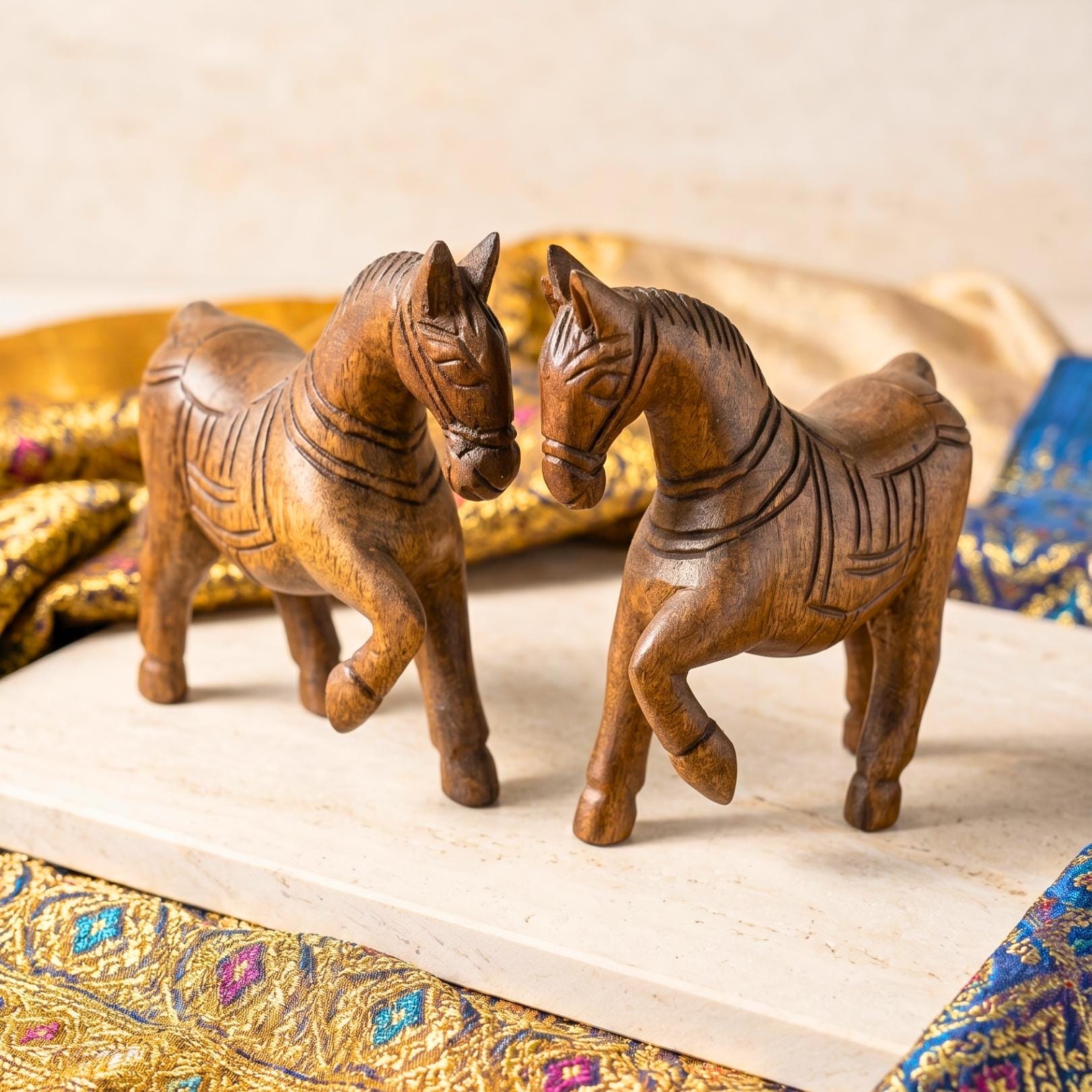 Teak Wood Horse, 4 Inch Miniature Sculpture Set, Housewarming Gift for Minimalist