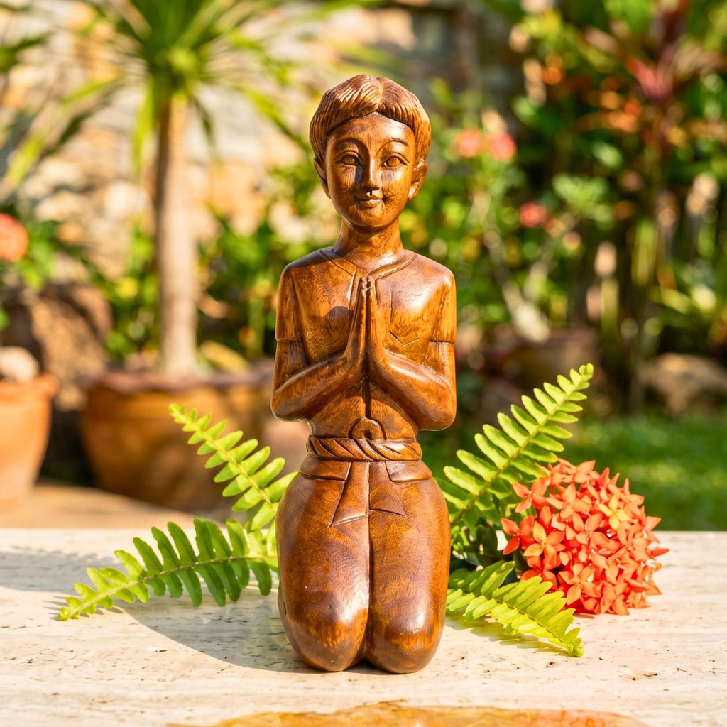Acacia Wood Thai Gentleman, 16 Inch Mudra Greeting Sculpture, Cultural Gift for Art Collector