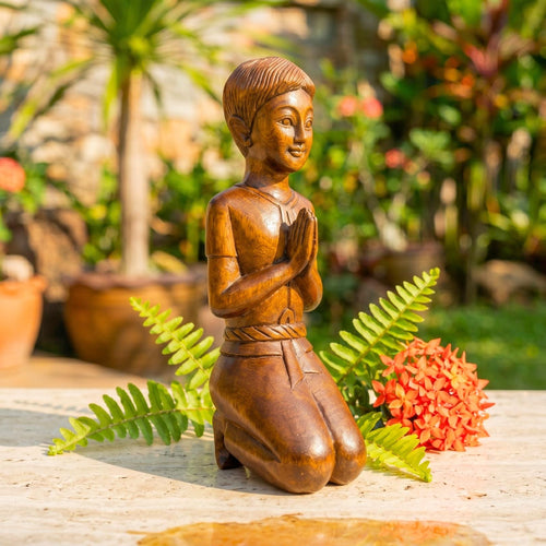 Acacia Wood Thai Gentleman, 16 Inch Mudra Greeting Sculpture, Cultural Gift for Art Collector