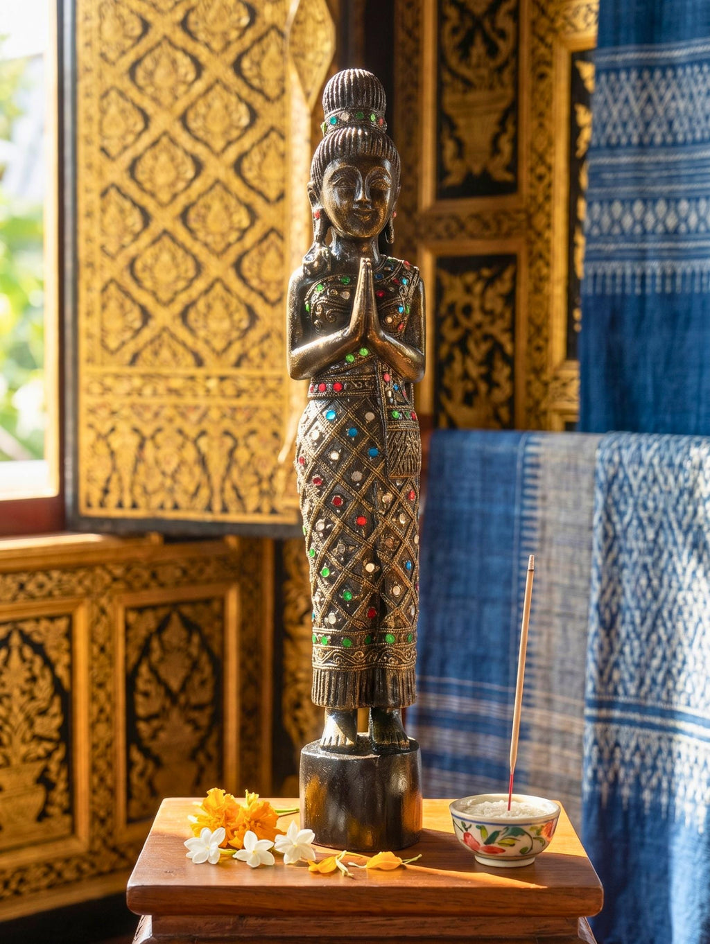 Acacia Wood Woman, 20 Inch Inlaid Glass Wai Statue, Spiritual Gift for Yoga Lover