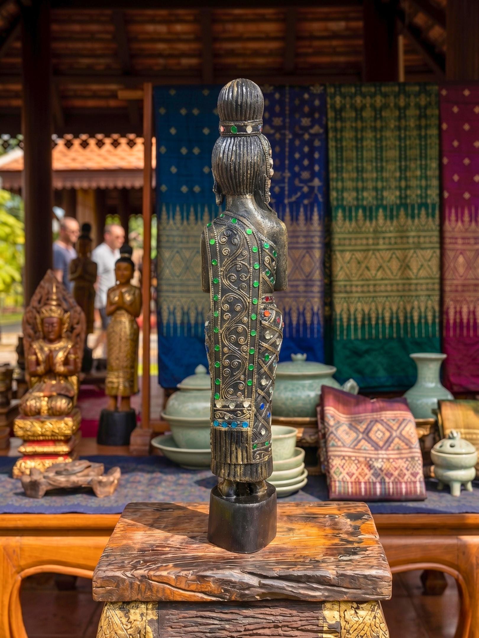 Acacia Wood Woman, 20 Inch Inlaid Glass Wai Statue, Spiritual Gift for Yoga Lover