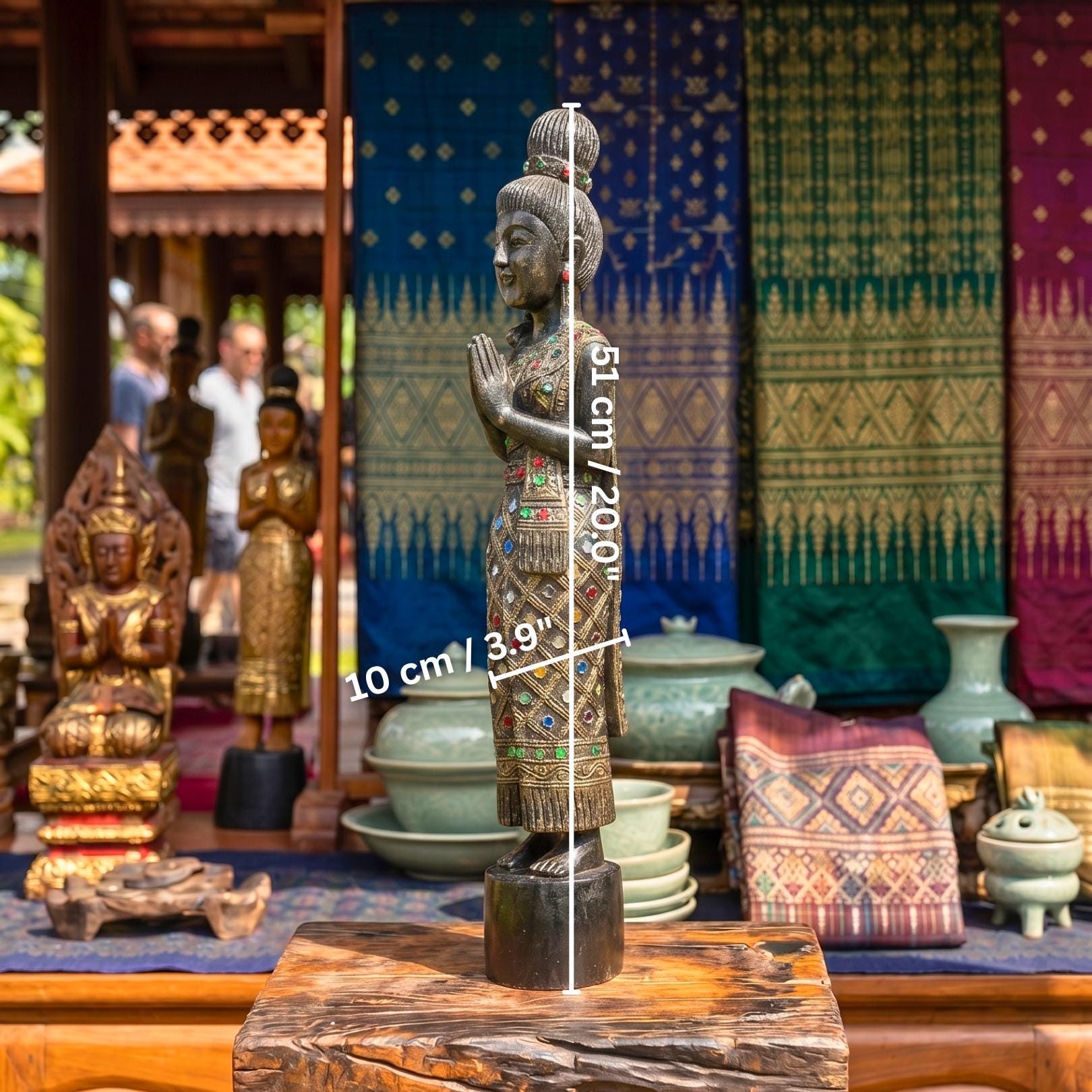 Acacia Wood Woman, 20 Inch Inlaid Glass Wai Statue, Spiritual Gift for Yoga Lover