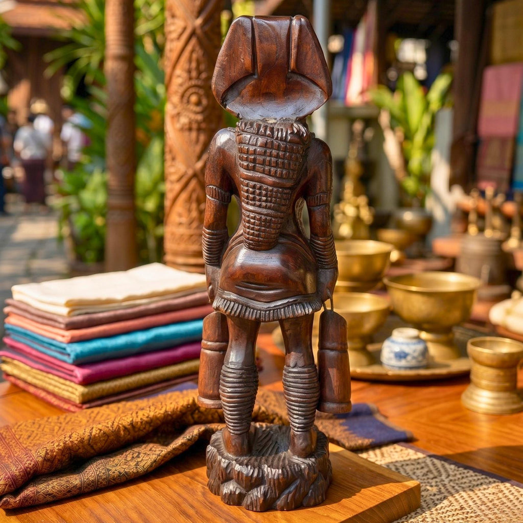 Acacia Wood Karen Tribe Figure, 20 Inch Long Neck Lady Statue, Cultural Present for Art Collector