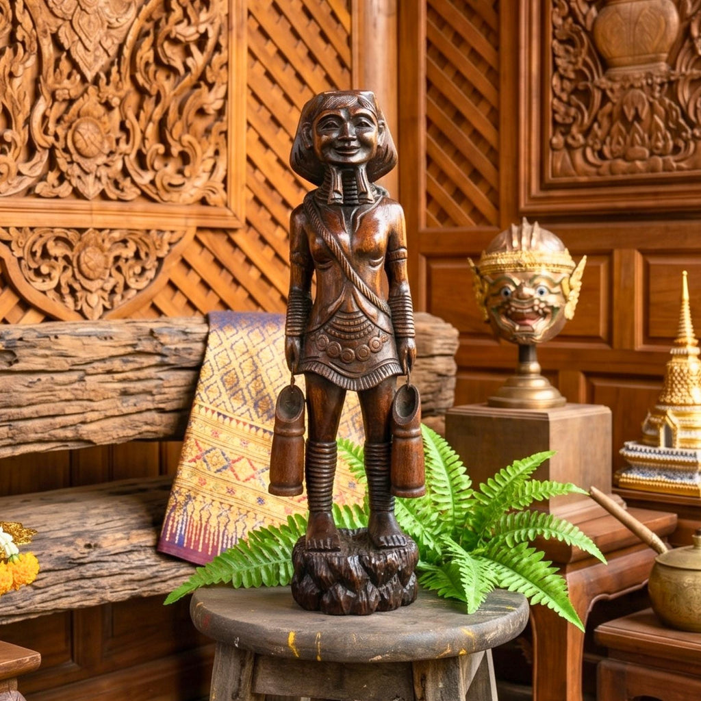 Acacia Wood Karen Tribe Figure, 20 Inch Long Neck Lady Statue, Cultural Present for Art Collector