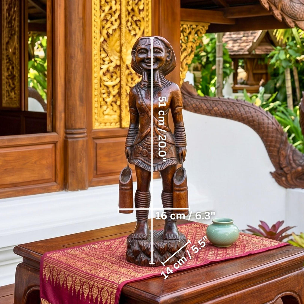 Acacia Wood Karen Tribe Figure, 20 Inch Long Neck Lady Statue, Cultural Present for Art Collector