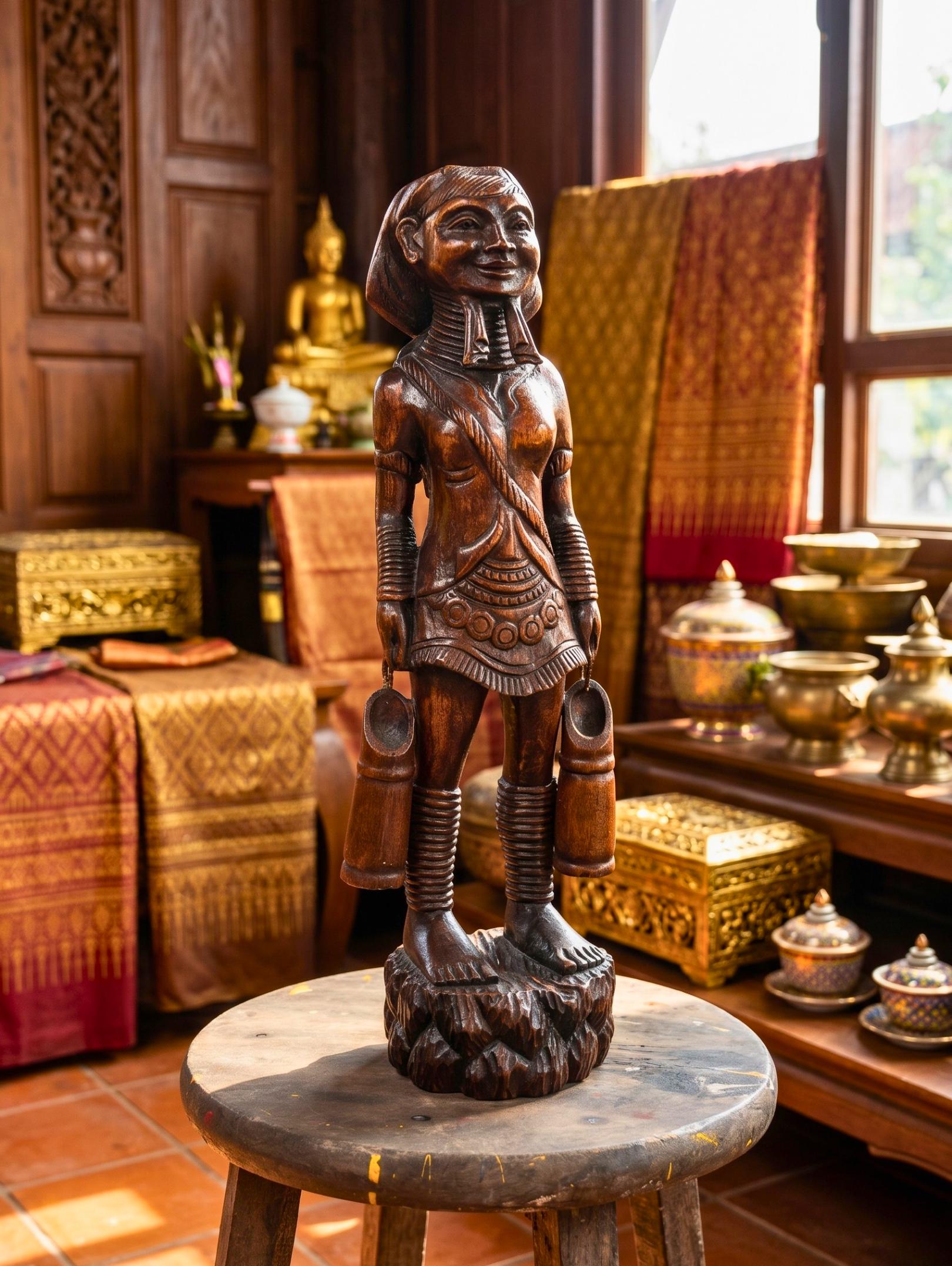 Acacia Wood Karen Tribe Figure, 20 Inch Long Neck Lady Statue, Cultural Present for Art Collector