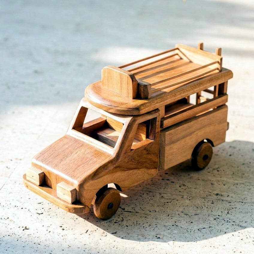 Teak Songthaew Truck, Handcrafted Miniature Thai Passenger 10 Inch Vehicle, Travel Lover Gift