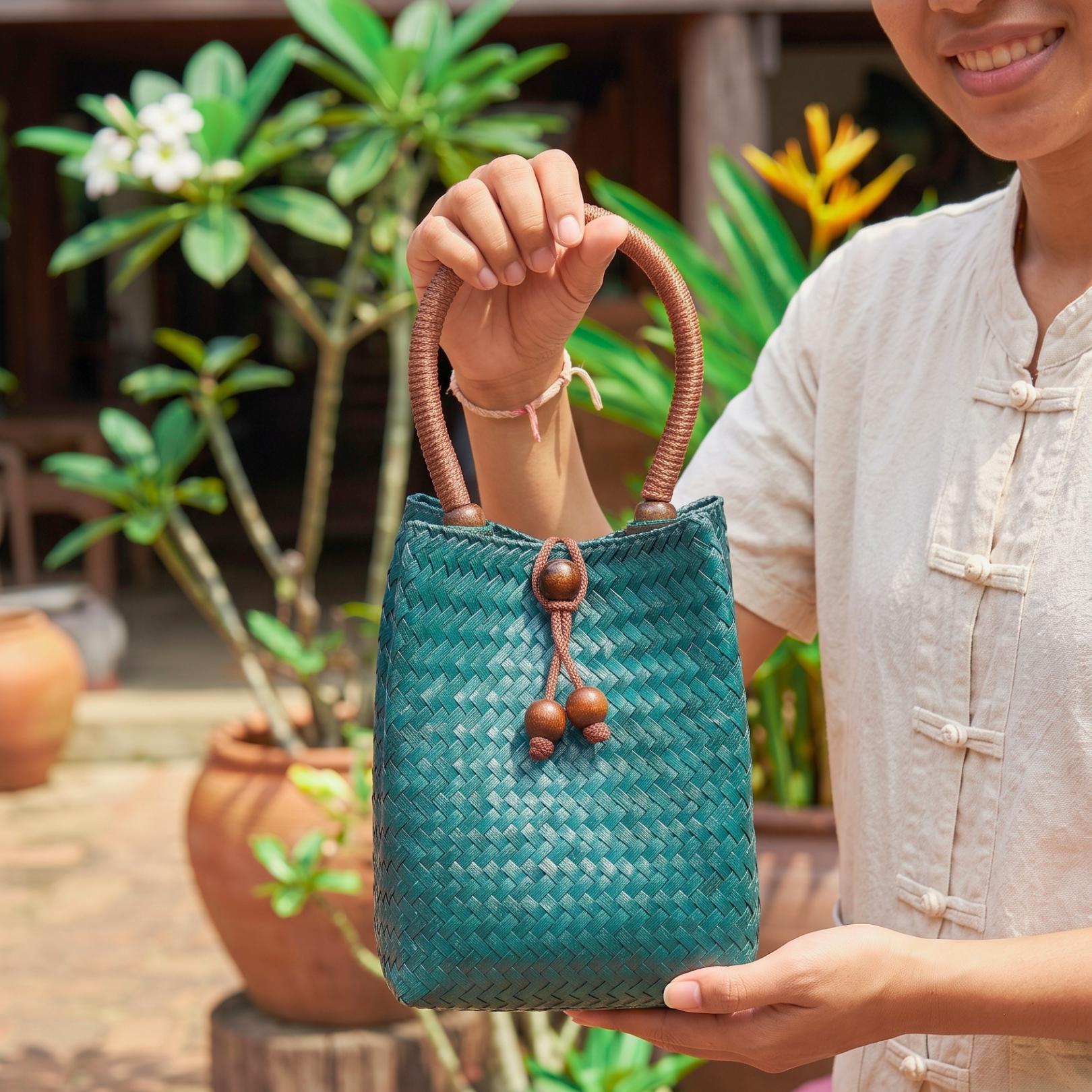 Handwoven Rattan Handbag, Woven Straw Basket Purse, Anniversary Gift for Eco Conscious