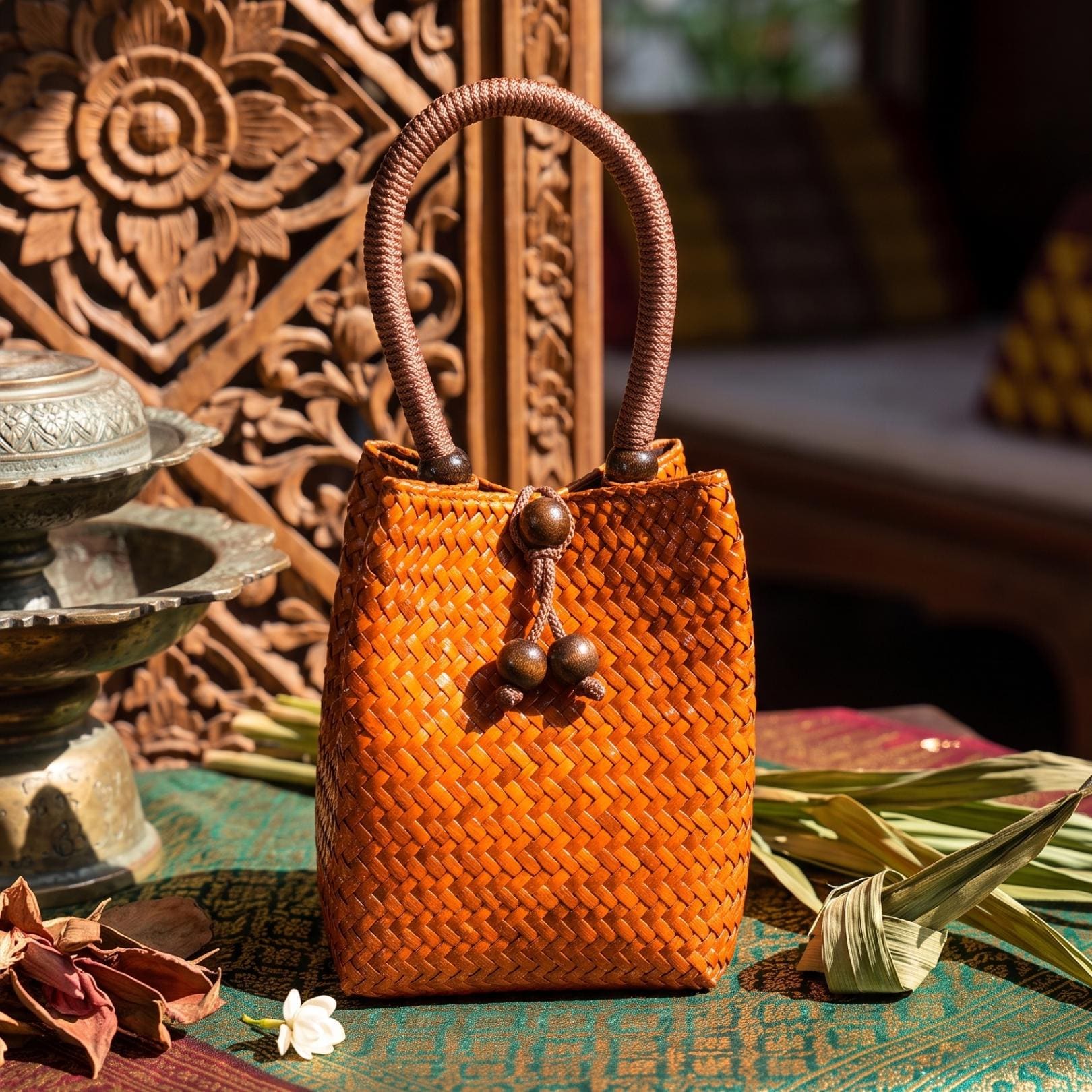 Handwoven Rattan Handbag, Woven Straw Basket Purse, Anniversary Gift for Eco Conscious