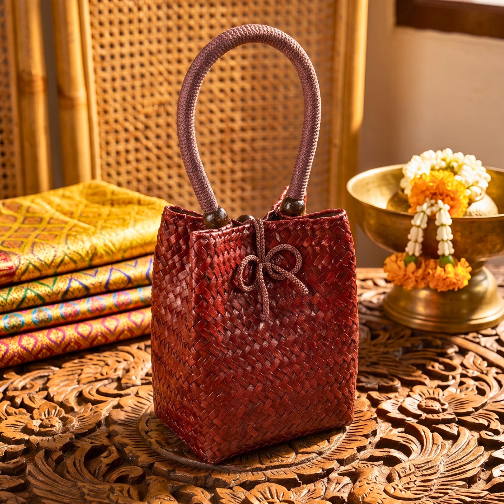 Handwoven Rattan Handbag, Woven Straw Basket Purse, Anniversary Gift for Eco Conscious