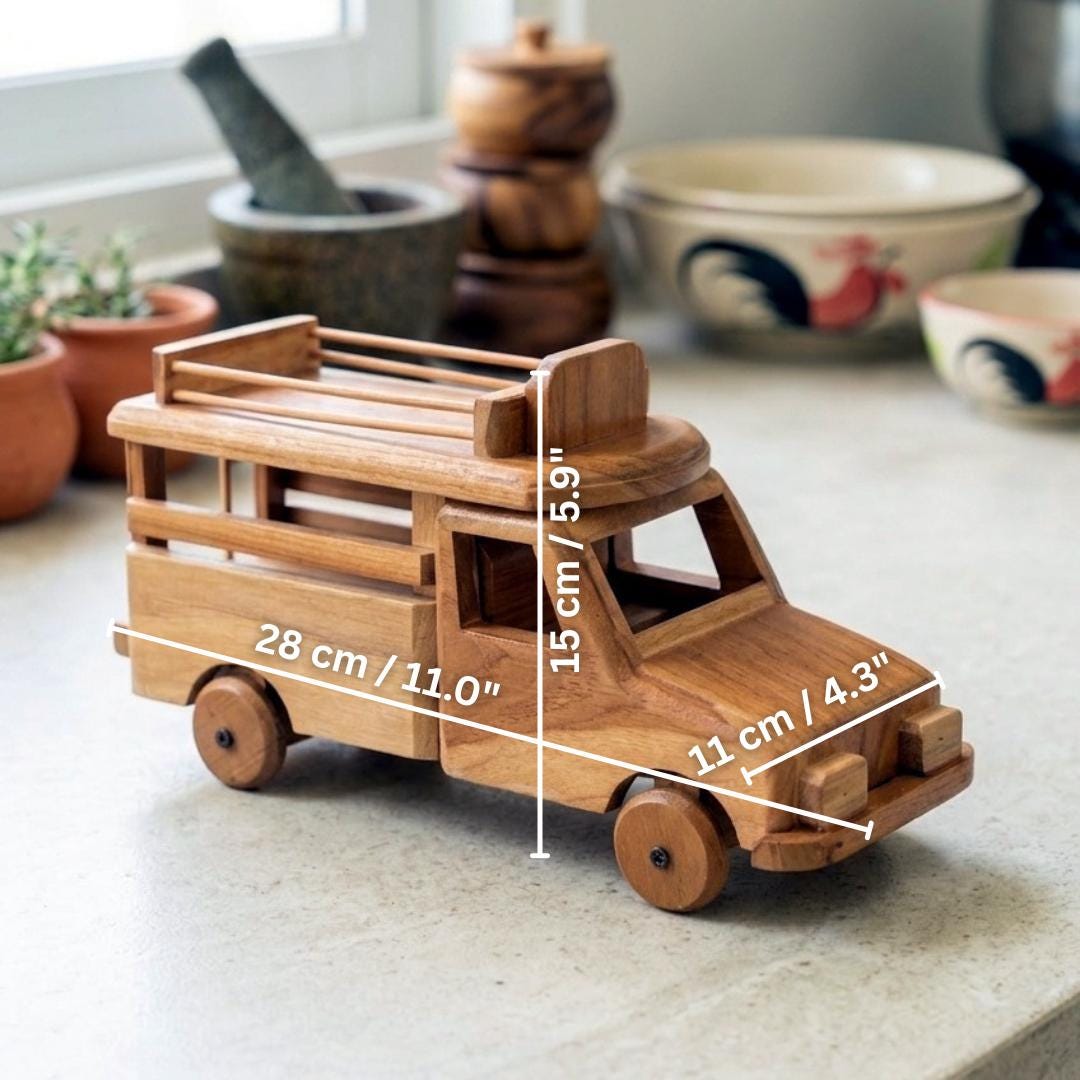 Teak Songthaew Truck, Handcrafted Miniature Thai Passenger 10 Inch Vehicle, Travel Lover Gift
