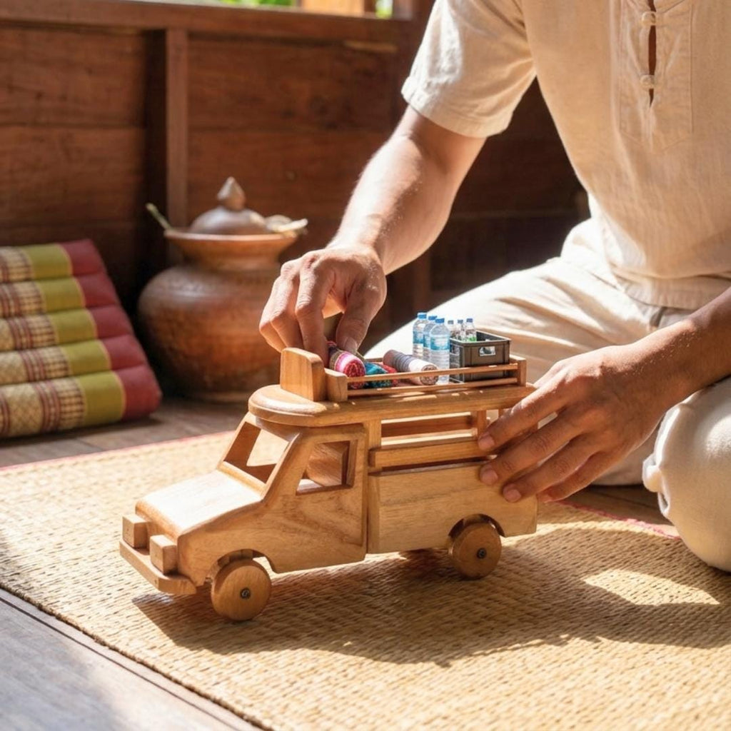 Teak Songthaew Truck, Handcrafted Miniature Thai Passenger 10 Inch Vehicle, Travel Lover Gift