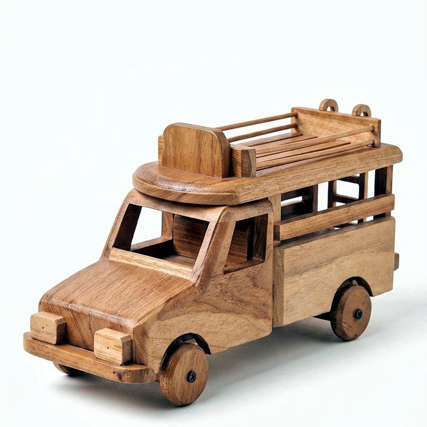 Teak Songthaew Truck, Handcrafted Miniature Thai Passenger 10 Inch Vehicle, Travel Lover Gift