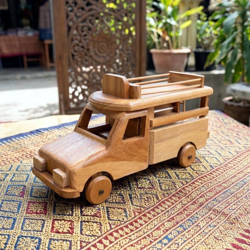 Teak Songthaew Truck, Handcrafted Miniature Thai Passenger 10 Inch Vehicle, Travel Lover Gift