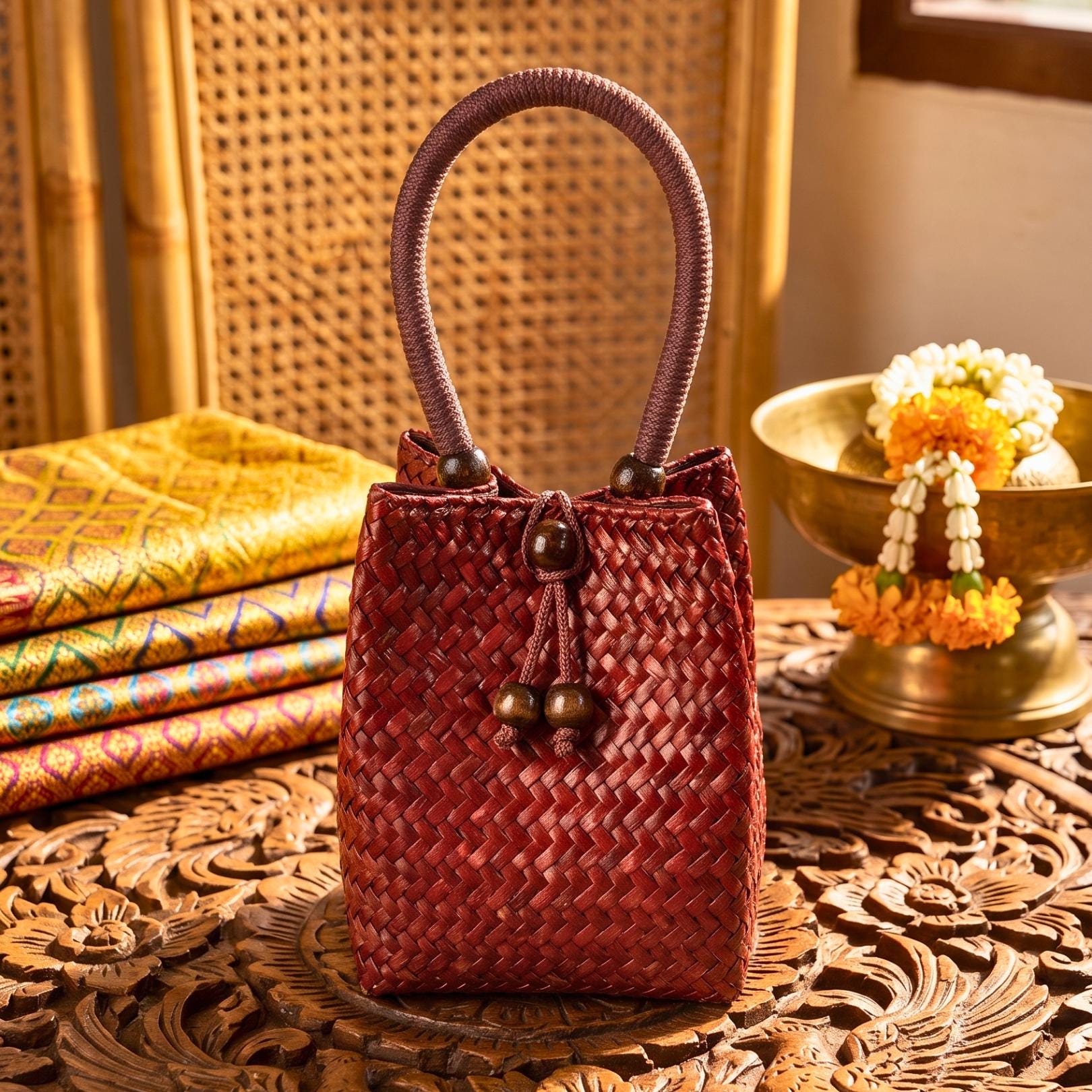 Handwoven Rattan Handbag, Woven Straw Basket Purse, Anniversary Gift for Eco Conscious