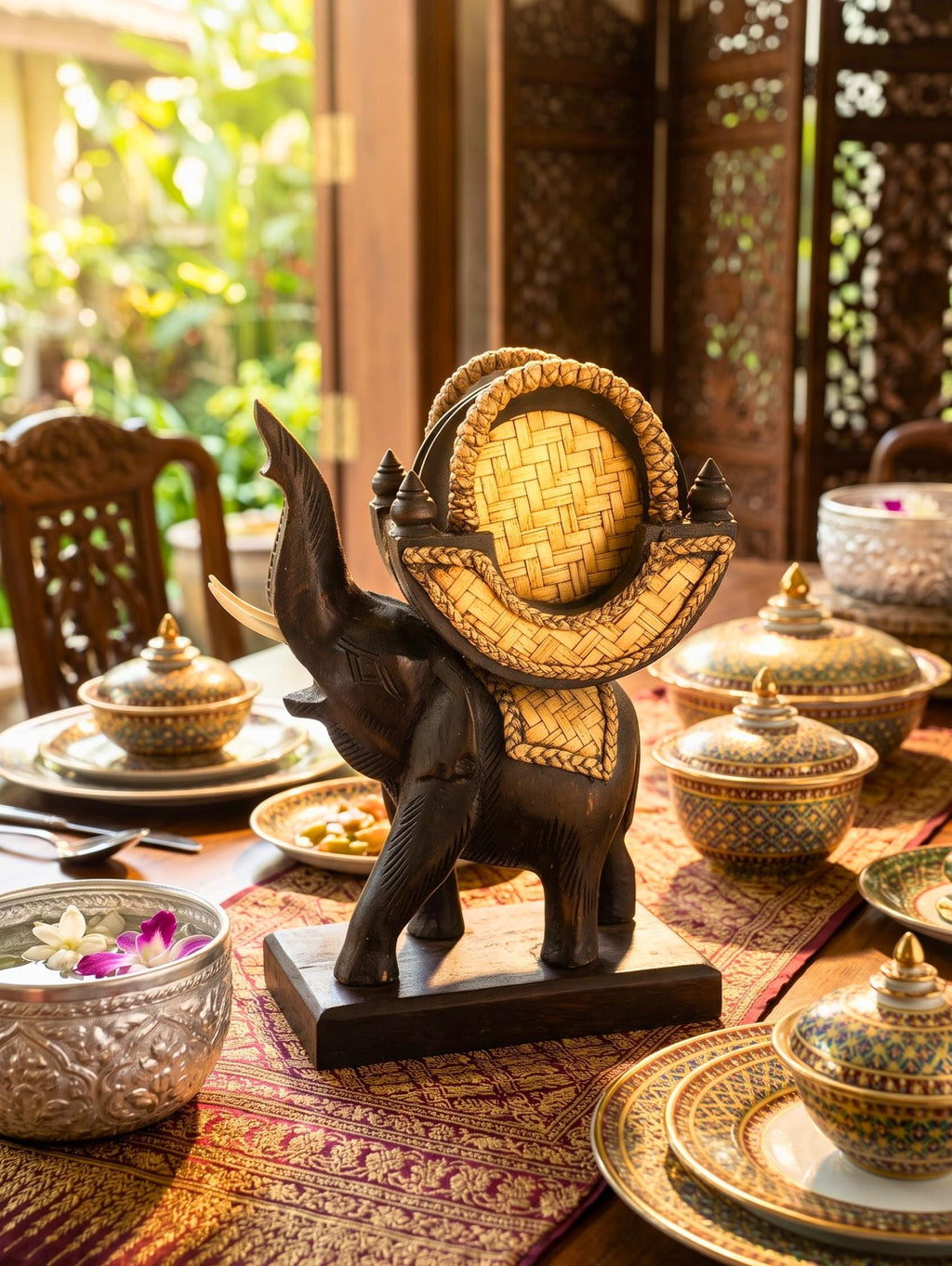 Teak Wood Elephant Coaster Set, 10 Inch Carved Animal Holder, Housewarming Gift for Host