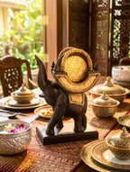 Teak Wood Elephant Coaster Set, 10 Inch Carved Animal Holder, Housewarming Gift for Host - Siam Wood Artisans