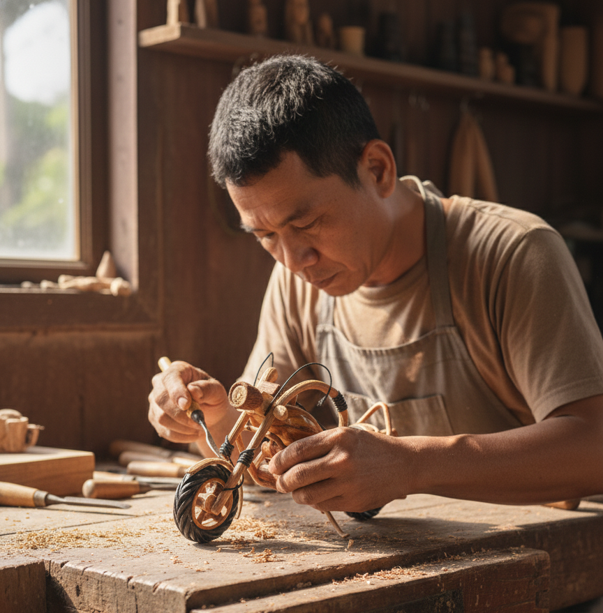 khun neung creating wooden motorbike in workshop