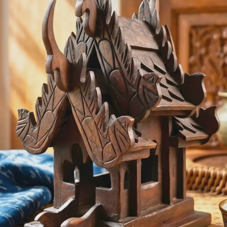 Teak Wood Spirit House, 16 Inch Ornate Shrine, Spiritual Present for Meditation Lover