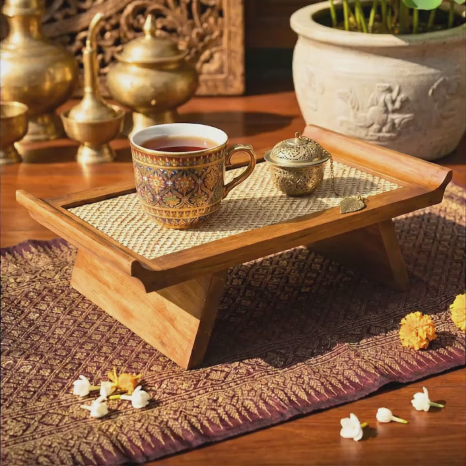 Handcrafted Hardwood Serving Tray: Woven Rattan Elevated Riser for Serving & Tea Set Display