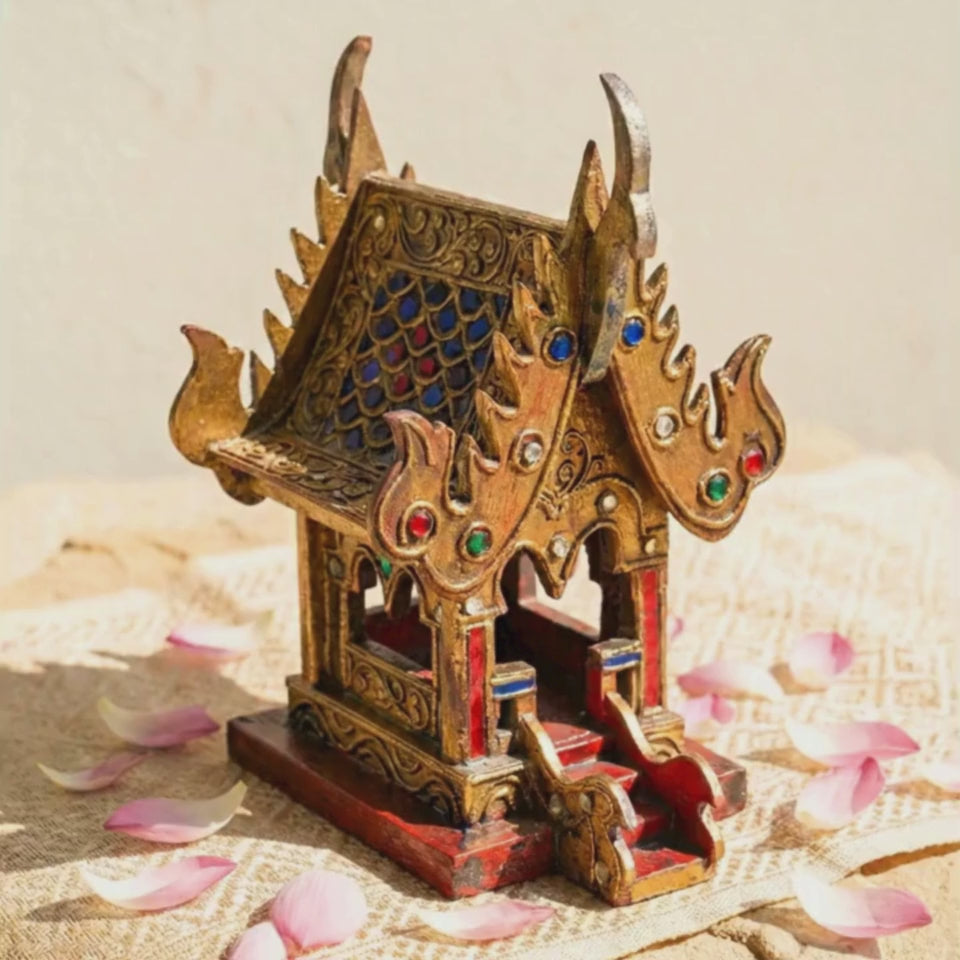 Hand Painted Thai Teak Wood Spirit House: Traditional Temple Shrine, Folk Art