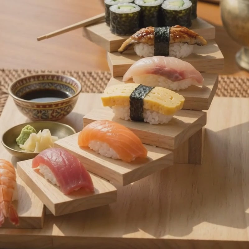 Teak Wood Sushi Tray, 12 Inch Staircase Platter, Unique Birthday Gift for Foodie