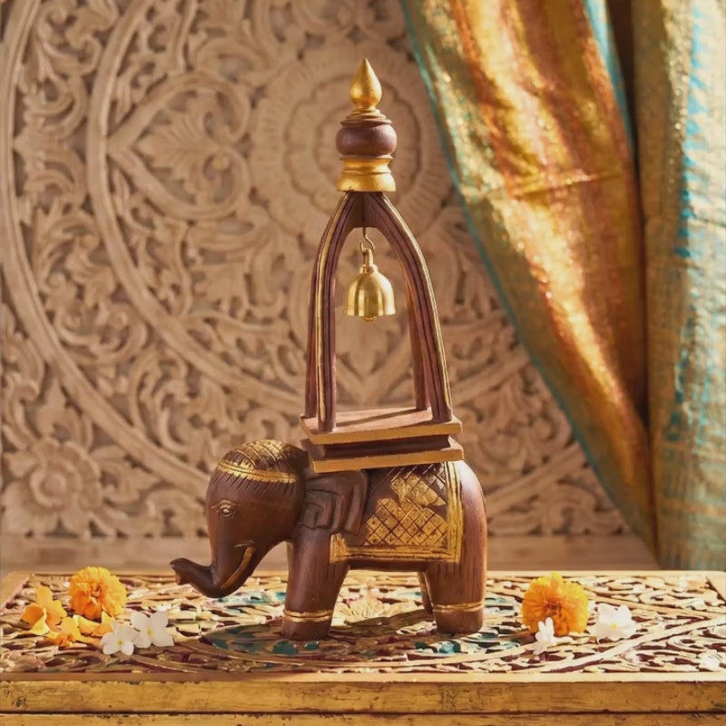 Teak Wood Elephant Statue: 16 Inch Rustic Sculpture with Bell