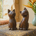 Teak Wood Cat Statue: 5 Inch Stacking Sculpture Pair