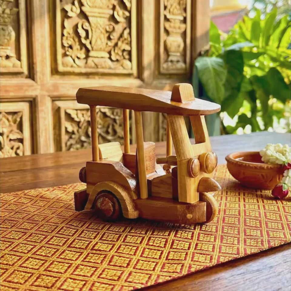 Miniature Wooden Tuk Tuk: Hand-Carved Thai Decor